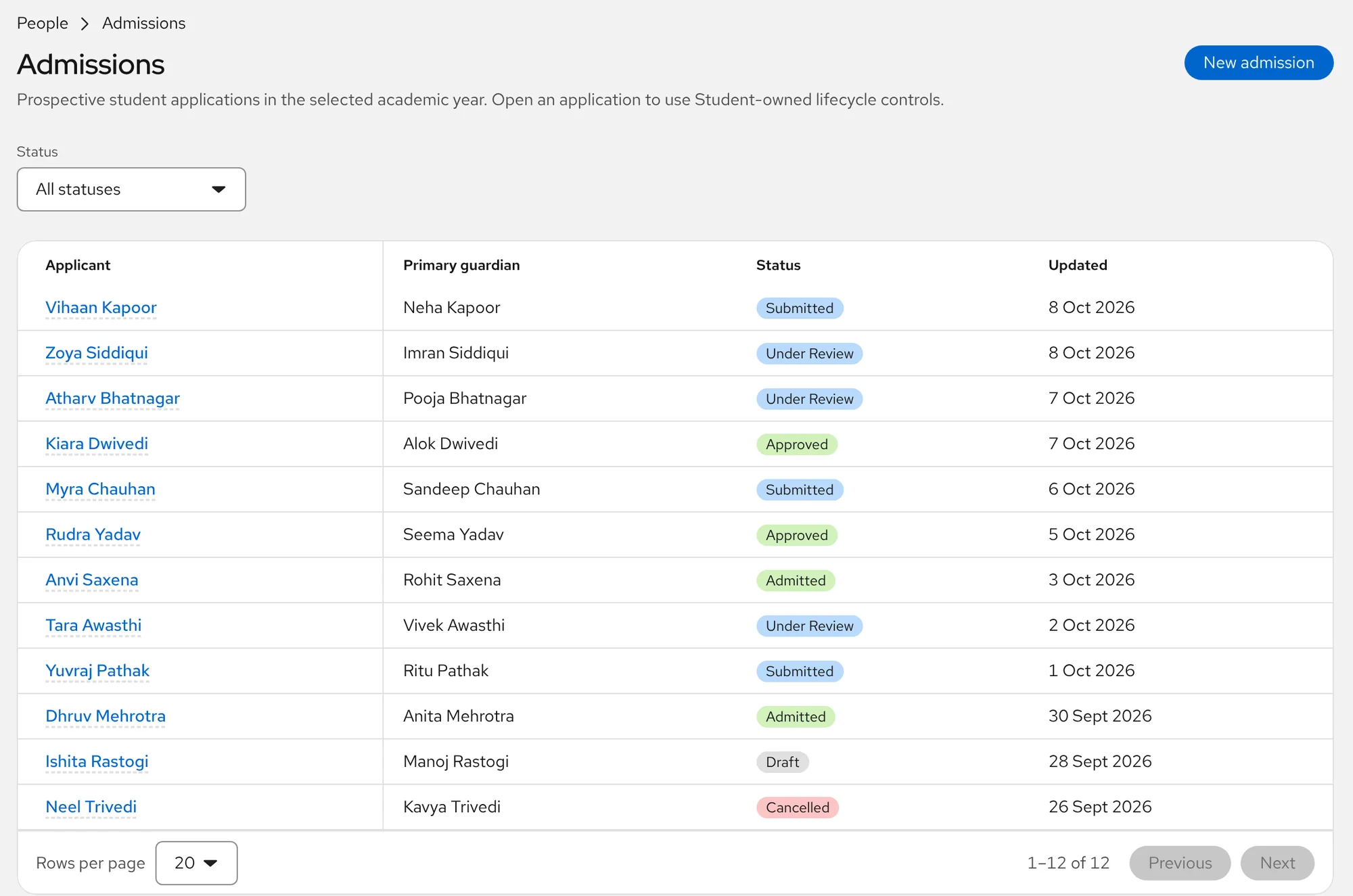 The admissions list in Aurora Console with applicants, their primary guardian and status from draft to admitted