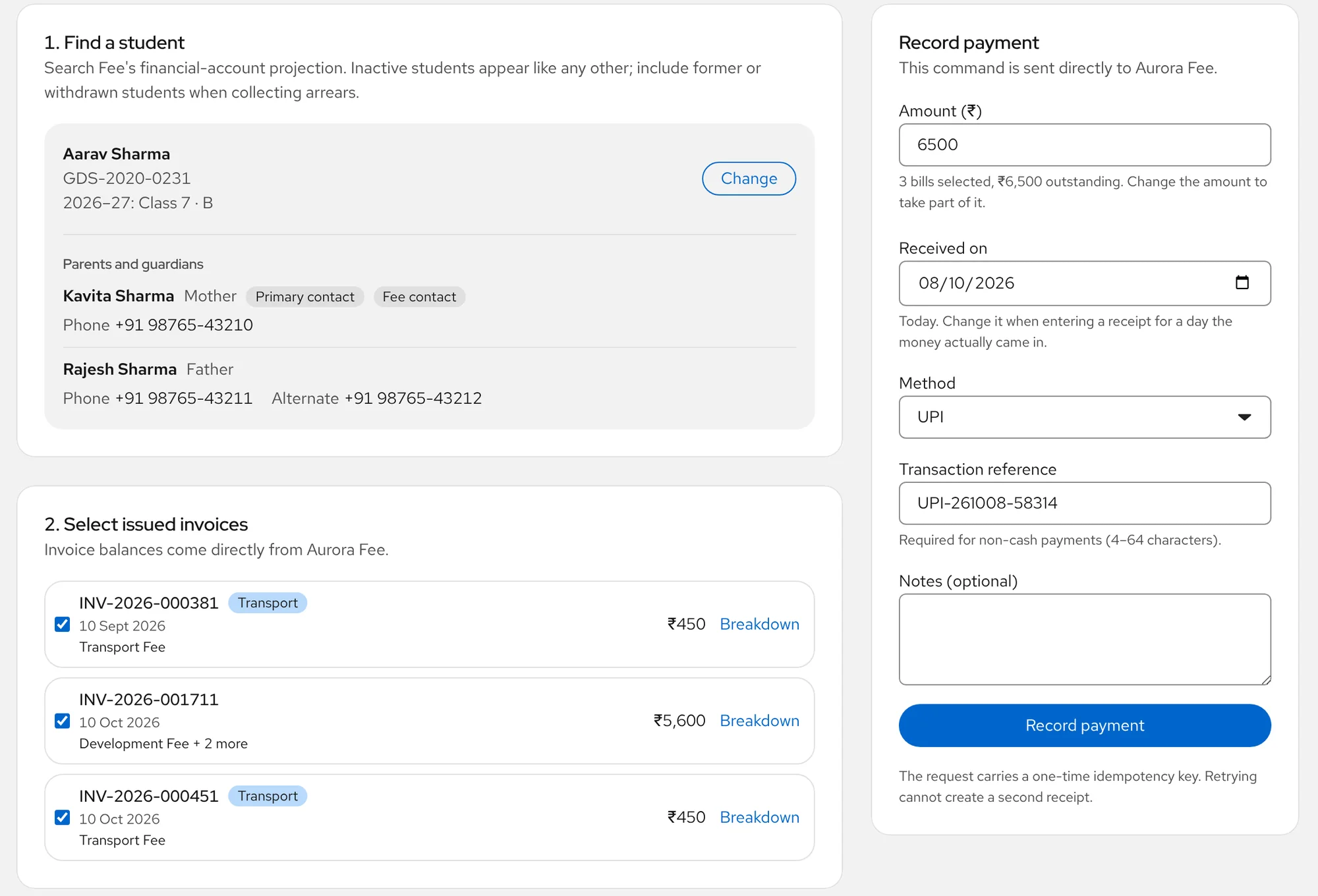 The fee counter in Aurora Console: find a student, select the issued invoices and record a UPI payment