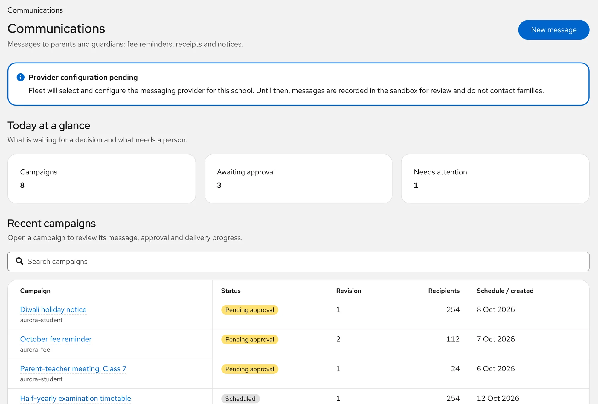 The Communications overview in Aurora Console with campaigns awaiting approval and a notice that messages do not contact families until a provider is configured