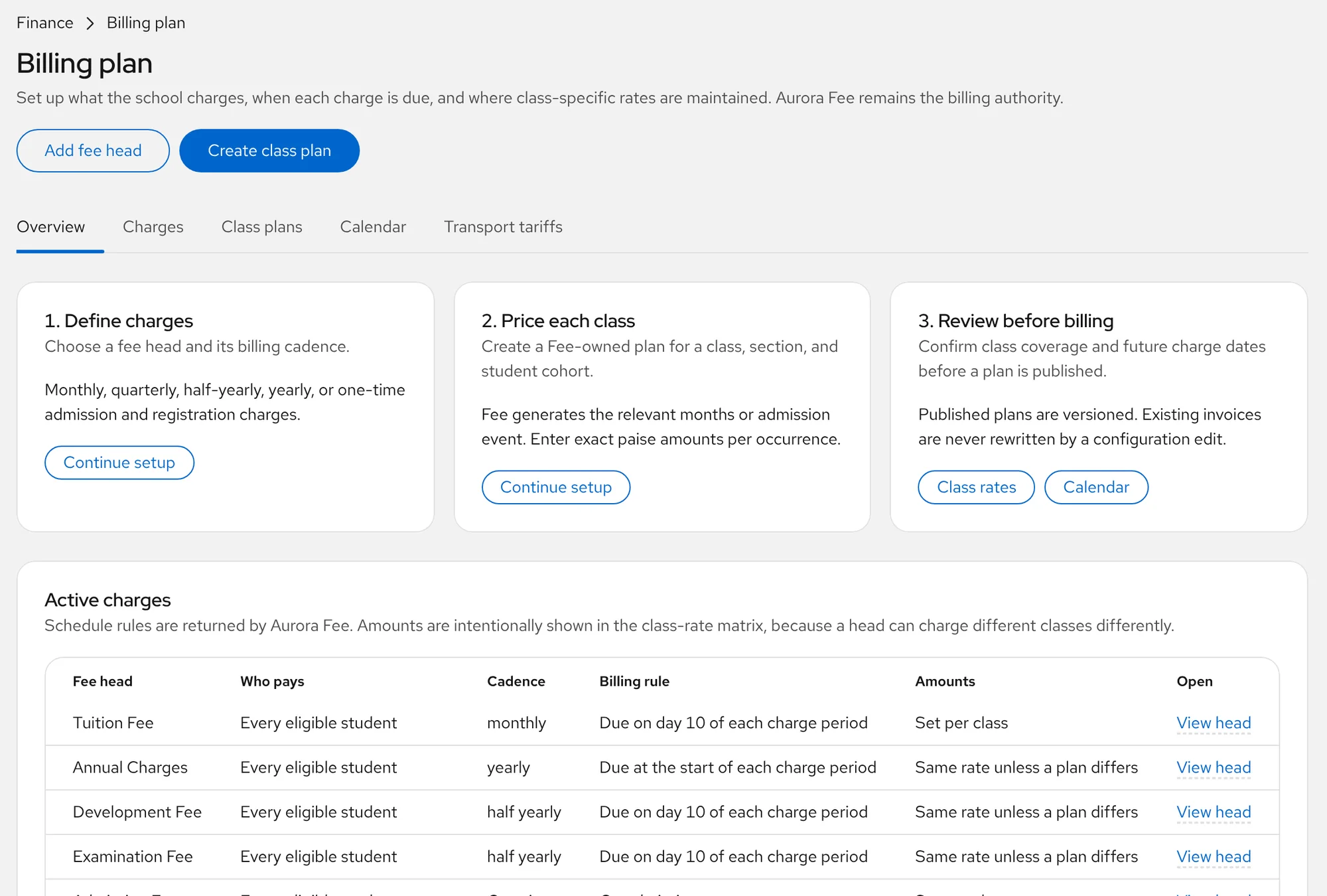 The Billing plan screen under Fee setup in Aurora Console, with its steps and the active fee heads