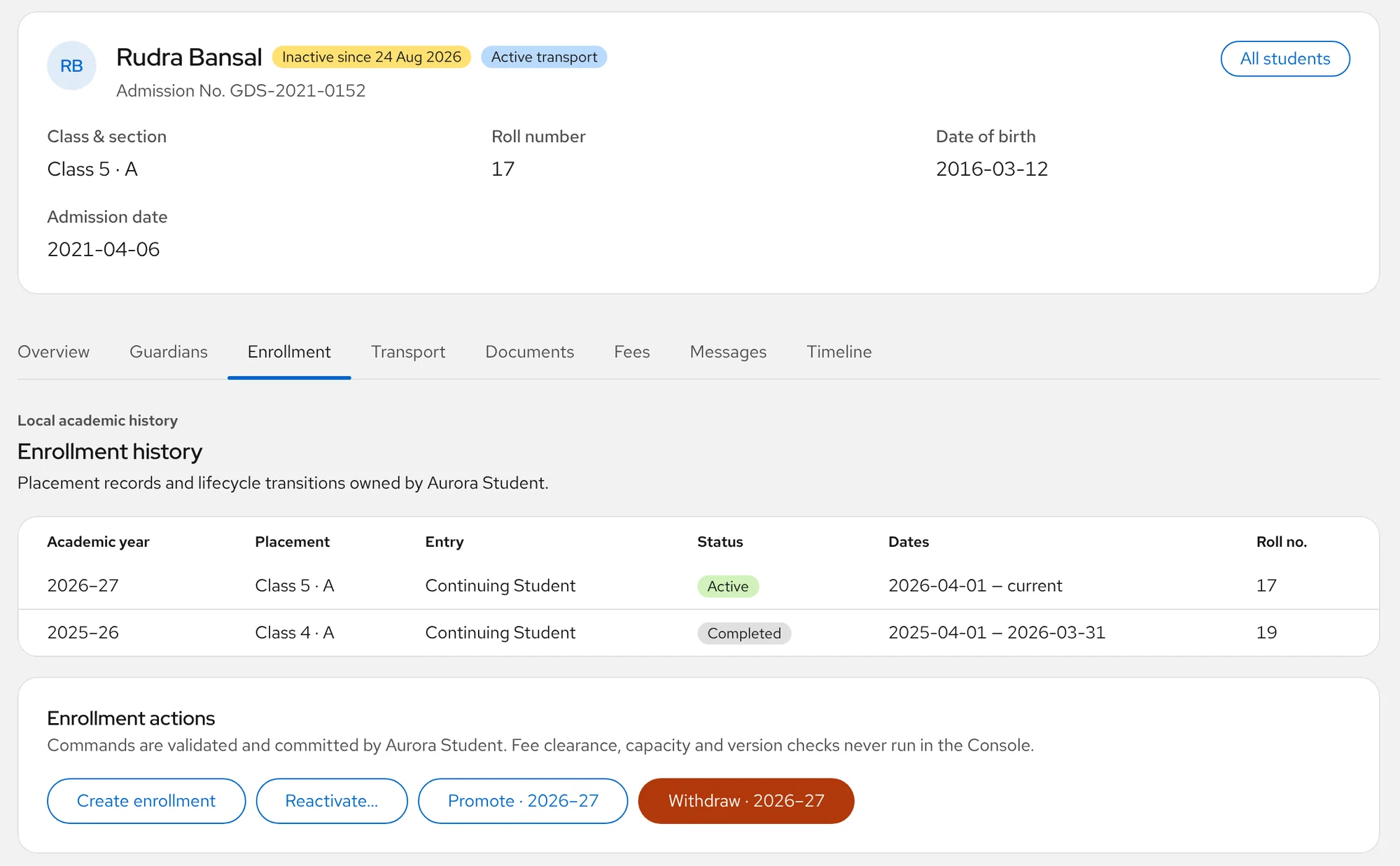 A student marked Inactive since 24 August 2026 on the Enrollment tab in Aurora Console, with a Reactivate action