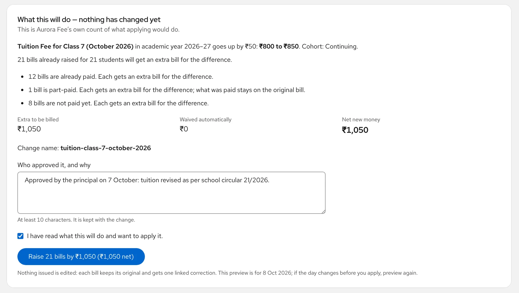 The Price changes screen in Aurora Console showing a class fee going from 800 to 850 rupees, with the bills affected and the extra to bill, before it is applied