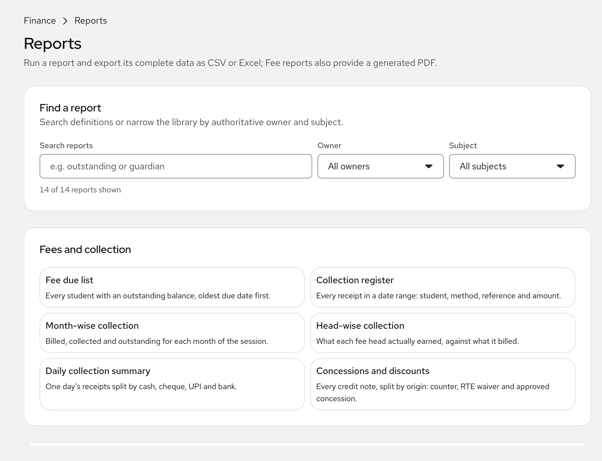 The report library in Aurora Console with fee and collection reports such as the fee due list and month-wise collection