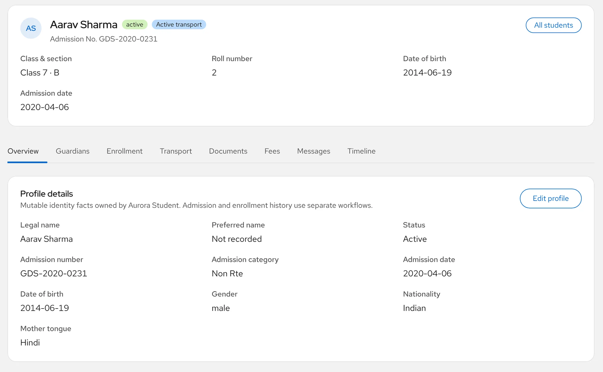 A student's profile in Aurora Console with class, roll number, date of birth and the tabs for guardians, enrollment, transport, documents, fees and timeline