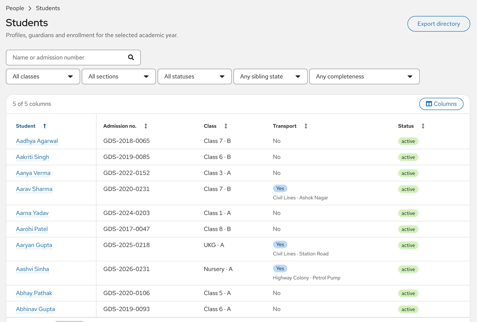 The Students list in Aurora Console with admission numbers, classes, transport stops and status for each student