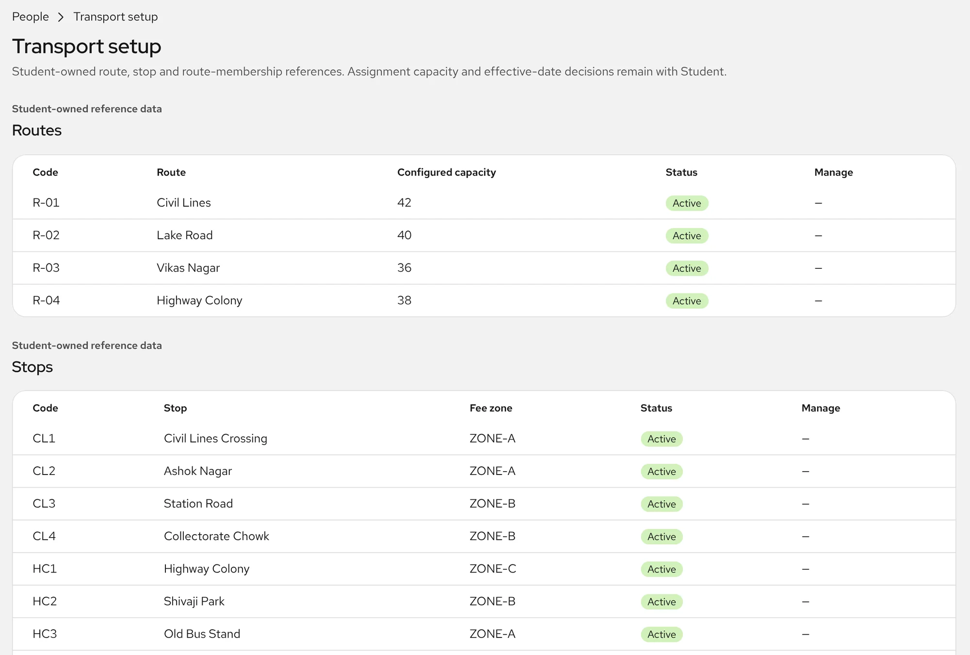 The transport setup screen in Aurora Console: bus routes with their capacity, and the stops on them with their fee zones